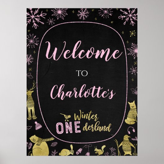 ウィンターオーネダーランド誕生日ウェルカムサインスノーフレーク ポスター (正面)