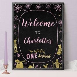 ウィンターオーネダーランド誕生日ウェルカムサインスノーフレーク ポスター