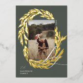 ウィンターガーランドリースジョイスクリプトフォト&モノグラム 箔シーズンカード (正面)