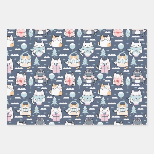 ウィンターキャッツおもしろいパステルホリデークリスマス ラッピングペーパーシート (正面)