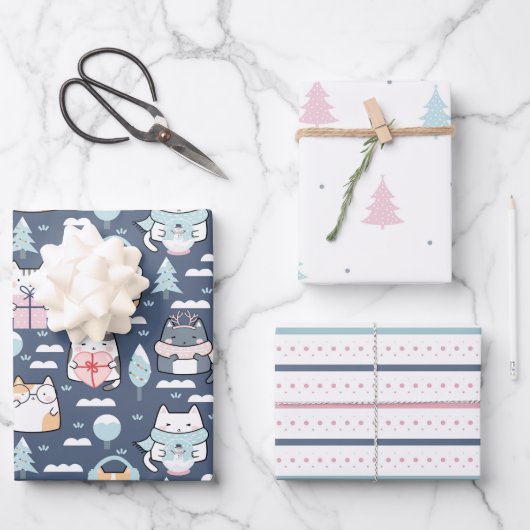 ウィンターキャッツおもしろいパステルホリデークリスマス ラッピングペーパーシート (正面)