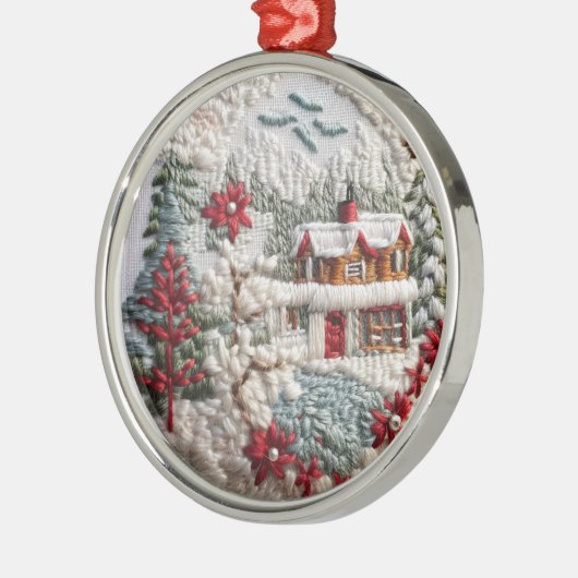 ウィンターキャビンのクリスマスホリデーズフェイク刺繍 メタルオーナメント (左)