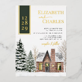 ウィンターキャビンコテージグ素朴リー結婚ンズ 箔招待状
