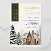 ウィンターキャビンコテージグ素朴リー結婚ンズ 箔招待状 (正面)
