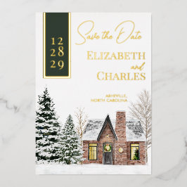 ウィンターキャビンコテージ素朴グリーンザデイト 箔招待状