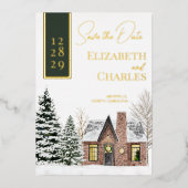 ウィンターキャビンコテージ素朴グリーンザデイト 箔招待状 (正面)