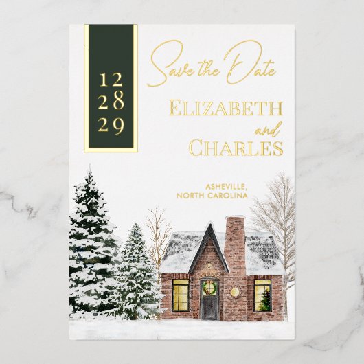 ウィンターキャビンコテージ素朴グリーンザデイト 箔招待状 (正面)