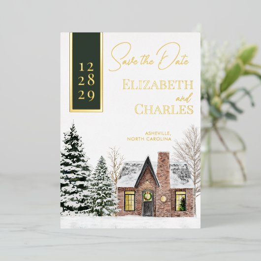 ウィンターキャビンコテージ素朴グリーンザデイト 箔招待状 (立ち正面)