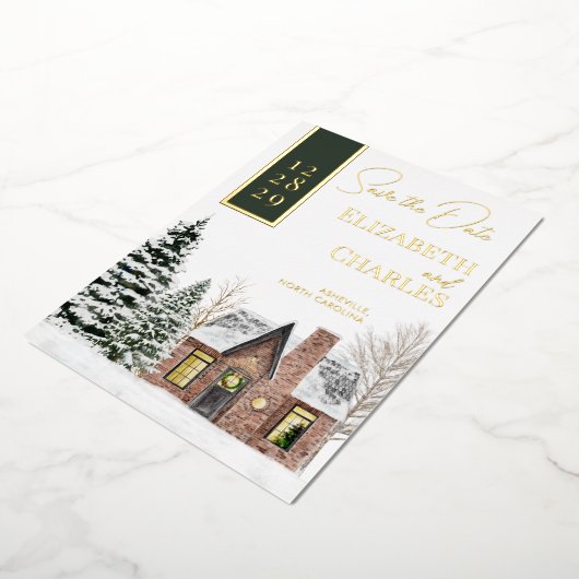 ウィンターキャビンコテージ素朴グリーンザデイト 箔招待状 (回転した状態)