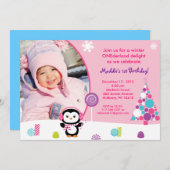 ウィンターキャンディペンギン誕生日招待状 招待状 (正面/裏面)