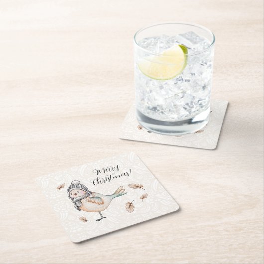 ウィンターキュートスパローイラストレーション スクエアペーパーコースター (インサイチュ)