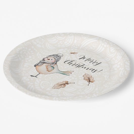 ウィンターキュートスパローイラストレーション ペーパープレート (アングル)