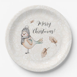 ウィンターキュートスパローイラストレーション ペーパープレート