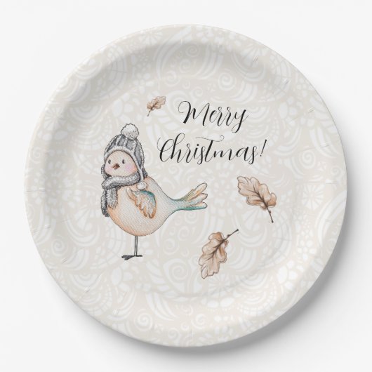 ウィンターキュートスパローイラストレーション ペーパープレート (正面)