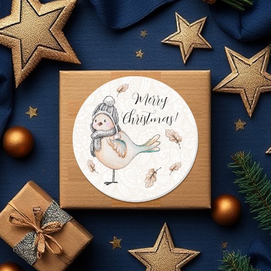 ウィンターキュートスパローイラストレーション ラウンドシール