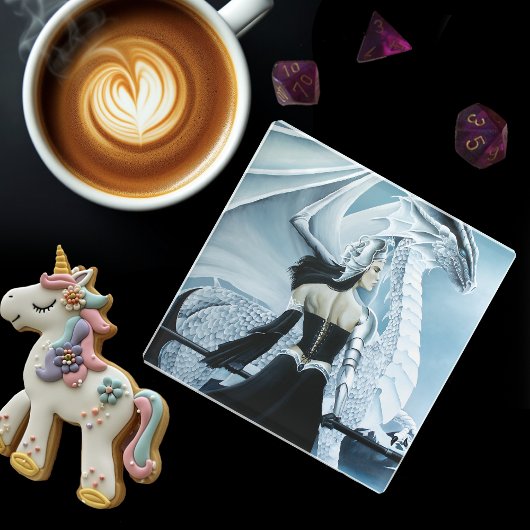 ウィンタークイーンホワイトドラゴンファンタジー ガラスコースター