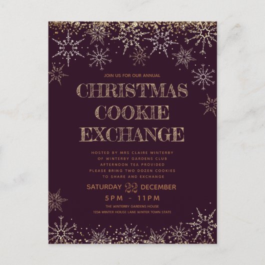 ウィンタークッキーエクスチェンジクリスマスブルゴーニュホリデー インビテーションポストカード (正面)