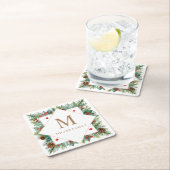 ウィンタークラシカルグリーンリーホリデーモノグラム スクエアペーパーコースター (インサイチュ)