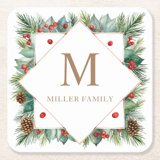 ウィンタークラシカルグリーンリーホリデーモノグラム スクエアペーパーコースター (正面)