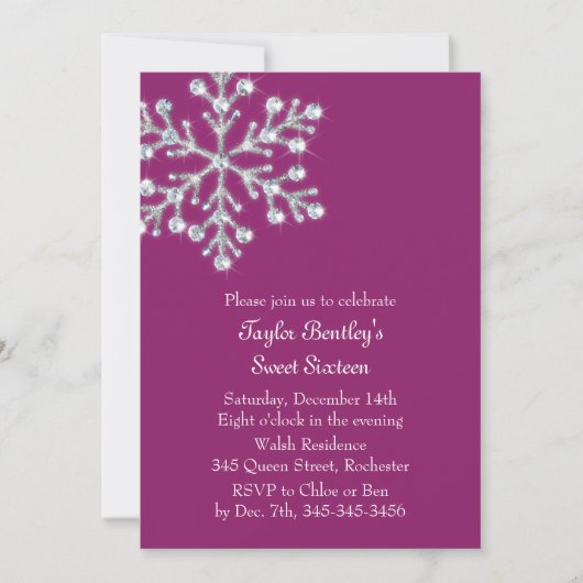 ウィンタークリスタルスウィート16th誕生日招待状マゼンタ 招待状 (正面)