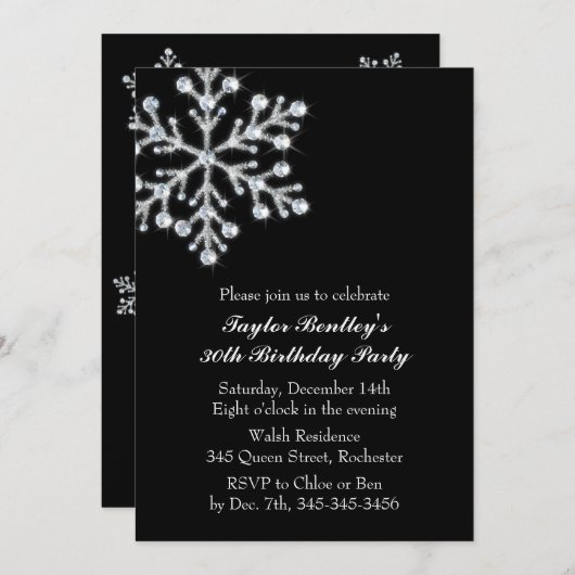 ウィンタークリスタル誕生日パーティー招待ブラック 招待状 (正面/裏面)