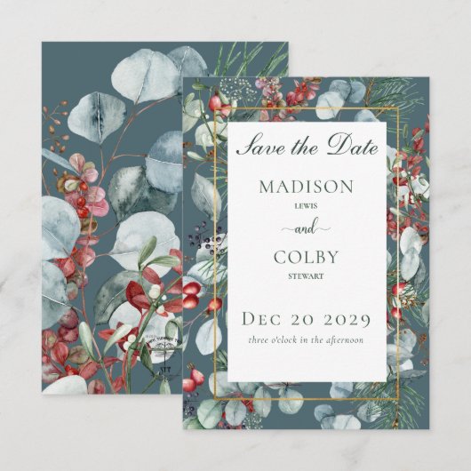 ウィンタークリスマスグリーン結婚リーティール(緑がかった色) セーブザデート (正面/裏面)