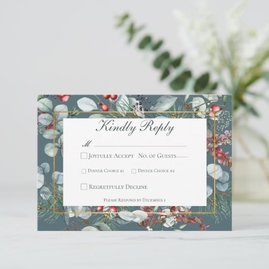 ウィンタークリスマスグリーン結婚リーティール（緑がかった色） 出欠カード (スタンド正面)