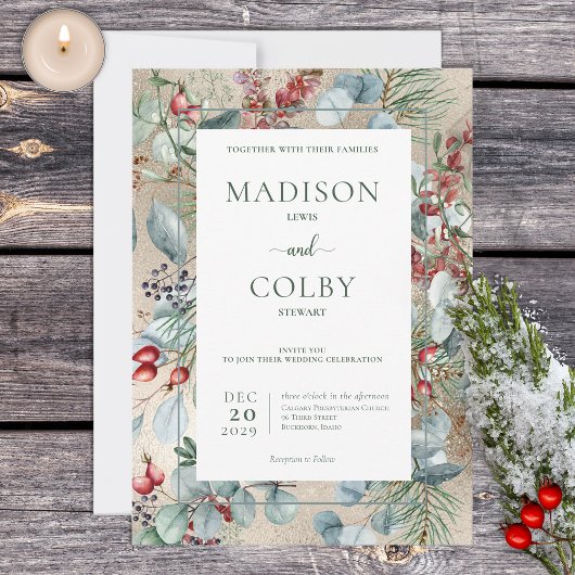 ウィンタークリスマスグリーン金ゴールド結婚式招待状 招待状