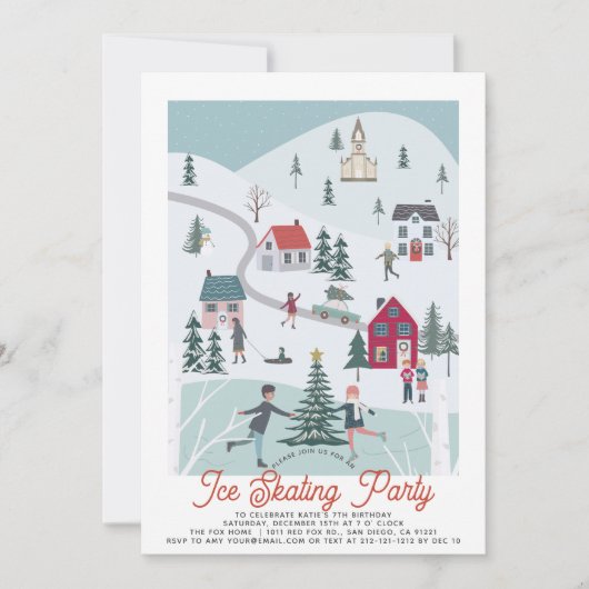 ウィンタークリスマスタウン/ヴィレッジアイススケートで滑る誕生日 招待状 (正面)