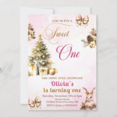 ウィンタークリスマスツリーピンクスウィートワン誕生日 招待状 (正面)