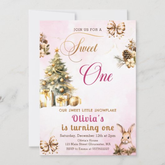 ウィンタークリスマスツリーピンクスウィートワン誕生日 招待状 (正面)