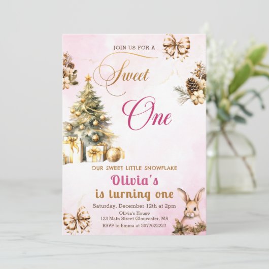 ウィンタークリスマスツリーピンクスウィートワン誕生日 招待状 (スタンド正面)