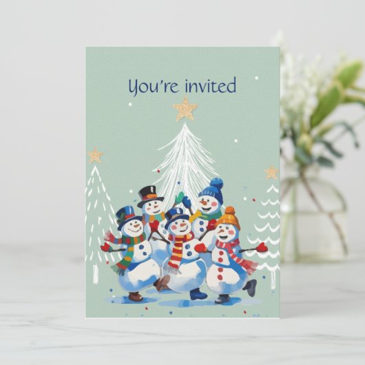 ウィンタークリスマスパーティーハッピー踊り雪だるま 招待状 (スタンド正面)