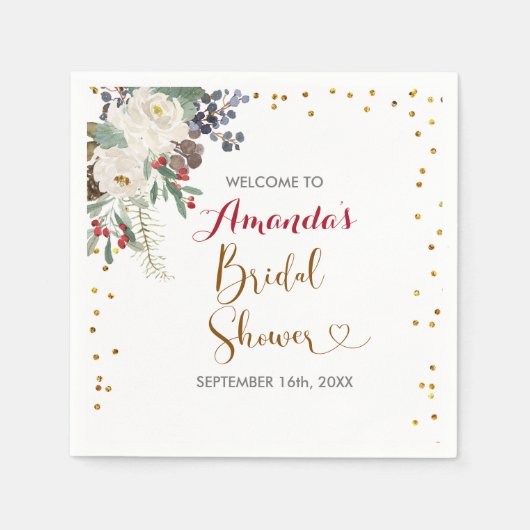 ウィンタークリスマスフローラブライダルシャワーナプキン スタンダードカクテルナプキン (正面)