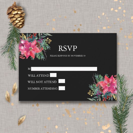 ウィンタークリスマスホリデーウォーターカラーポインセチア 出欠カード