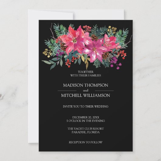 ウィンタークリスマスホリデーウォーターカラーポインセチア 招待状 (正面)