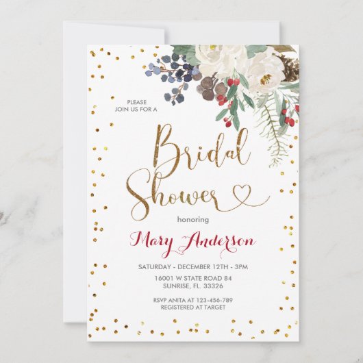 ウィンタークリスマスホワイトフローラブライダルシャワー 招待状 (正面)