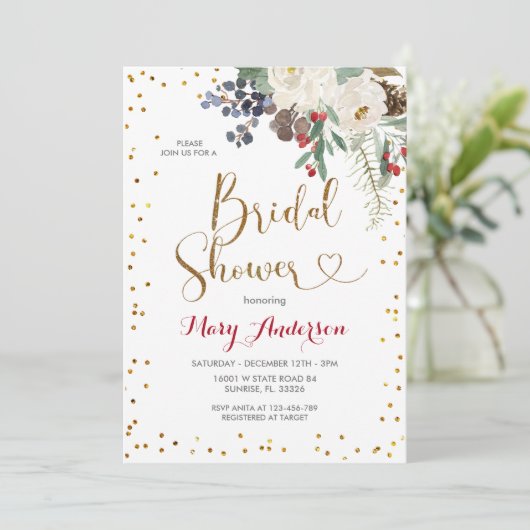 ウィンタークリスマスホワイトフローラブライダルシャワー 招待状 (スタンド正面)