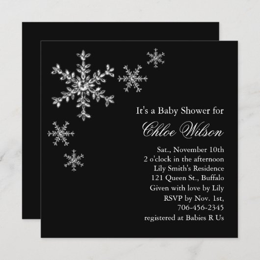 ウィンターグラマー赤ちゃんシャワー招待状オンブラック 招待状 (正面/裏面)