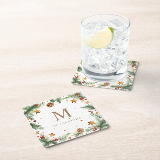 ウィンターグリーナリースターズホリデーモノグラム スクエアペーパーコースター (インサイチュ)