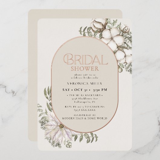 ウィンターグリーナリーフローラオーバルブライダルシャワー 箔招待状 (正面/裏面)