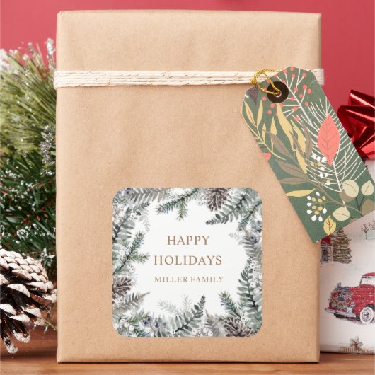 ウィンターグリーナリーブルーハッピーホリデーズモノグラム スクエアシール (クリスマス)