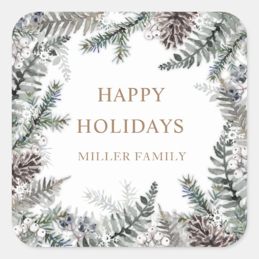 ウィンターグリーナリーブルーハッピーホリデーズモノグラム スクエアシール (正面)