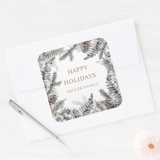 ウィンターグリーナリーブルーハッピーホリデーズモノグラム スクエアシール (封筒)