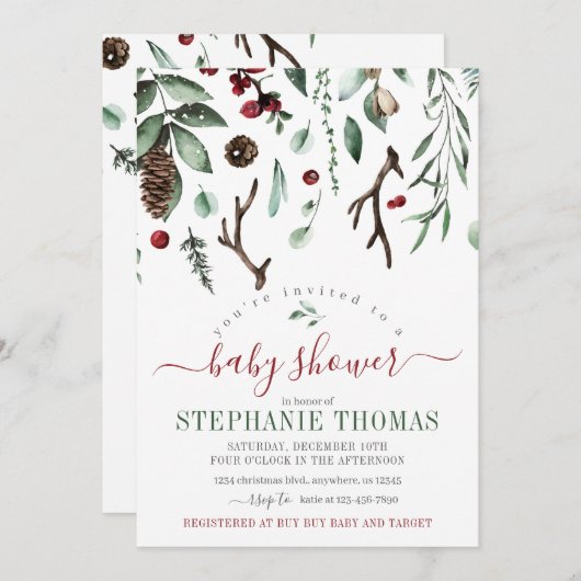 ウィンターグリーナリーホリデーベビーシャワー招待状 招待状 (正面/裏面)