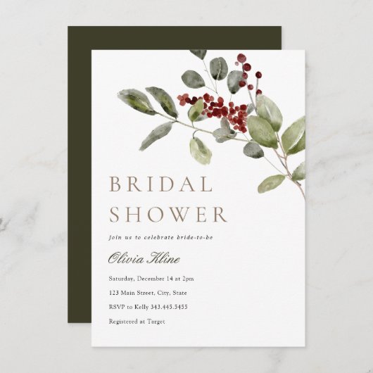ウィンターグリーナリーホリーブライダルシャワー 招待状 (正面/裏面)