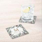 ウィンターグリーナリーレッドホリデーモノグラム スクエアペーパーコースター (インサイチュ)