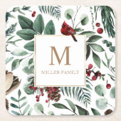 ウィンターグリーナリーレッドホリデーモノグラム スクエアペーパーコースター (正面)