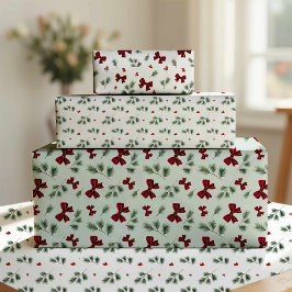 ウィンターグリーンと赤いリボンのクリスマス包装紙 ラッピングペーパーシート