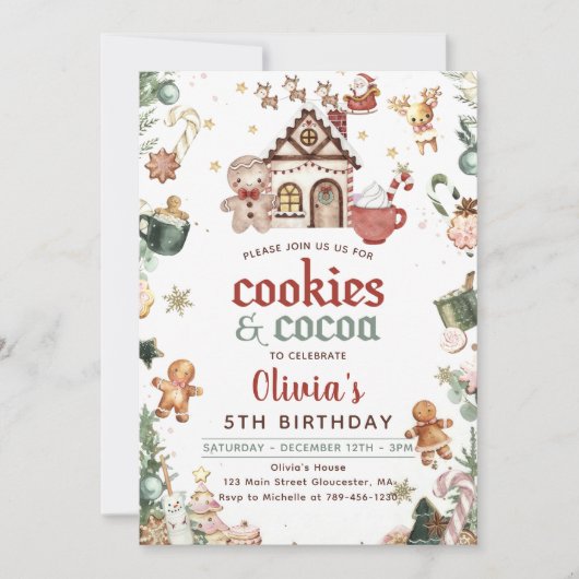 ウィンターグリーンクリスマスクッキーとココア誕生日 招待状 (正面)
